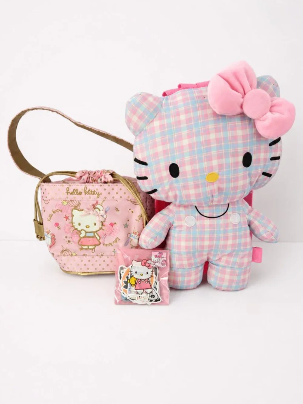 Hello Kitty Pink Plaid Plush Backpack with Matching Mini Bag Kawaii Gift Idea